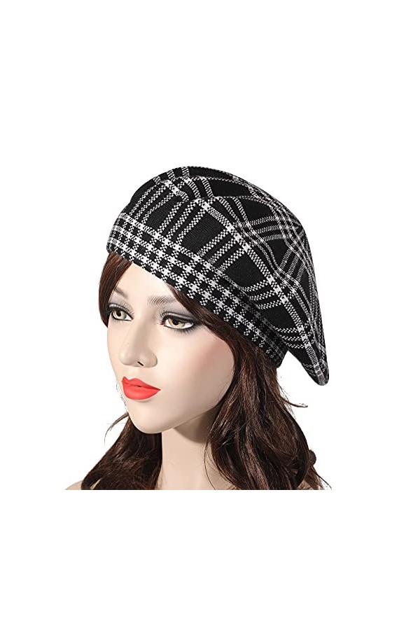 ZLYC Hiver Femmes Classique Francais Cachemire Chapeau de Béret Couche Double Damier Noir,Taille Unique 