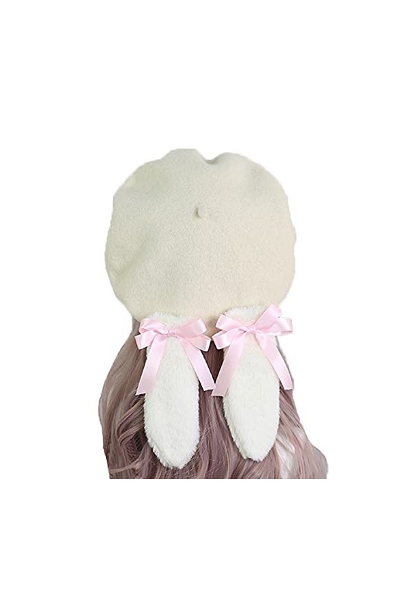 Packitcute Béret en laine avec oreilles de lapin amovibles pour adolescentes, Beige 4, Taille M