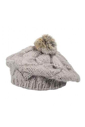 ZLYC Béret dhiver en tricot pour femme avec pompon en fausse fourrure, beige, taille unique