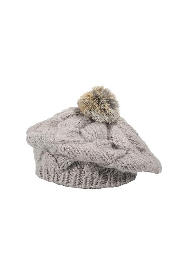 ZLYC Béret dhiver en tricot pour femme avec pompon en fausse fourrure, beige, taille unique