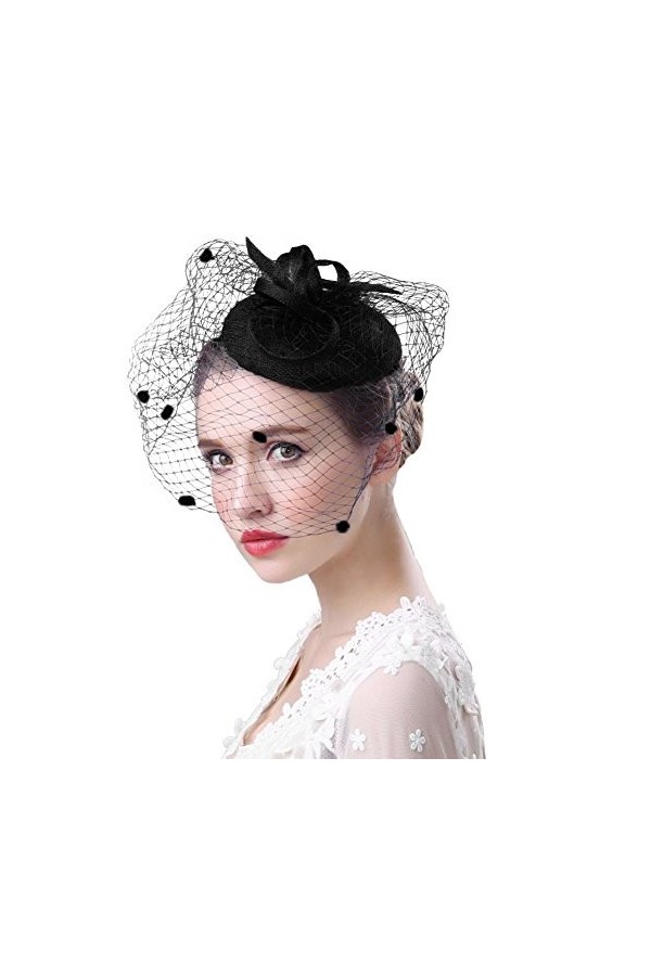 IPENNY Voile Mariage Femme Coiffure Vintage pour Femme Bibi avec Voilette Mini Béret Chapeau Melon élégant Voile de Cérémonie
