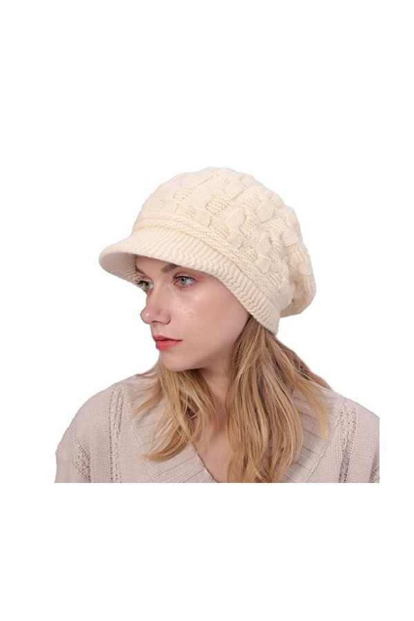 Joligiao BéRet Chaud dhiver Femme Bonnet Tricoté en Laine Casquette BéRet Hiver à VisièRe Chapeau Coton Doublure Newsboy Cha