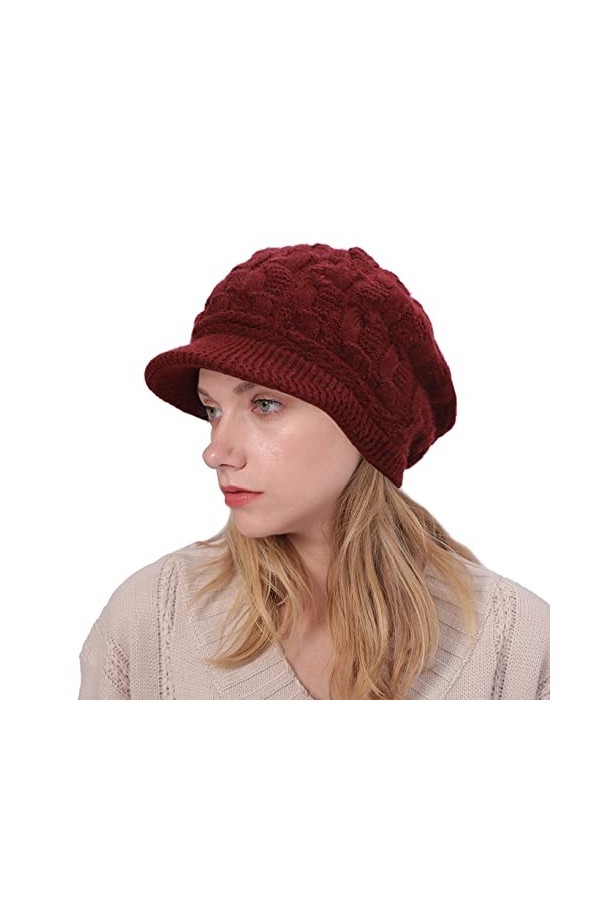 Joligiao BéRet Chaud dhiver Femme Bonnet Tricoté en Laine Casquette BéRet Hiver à VisièRe Chapeau Coton Doublure Newsboy Cha