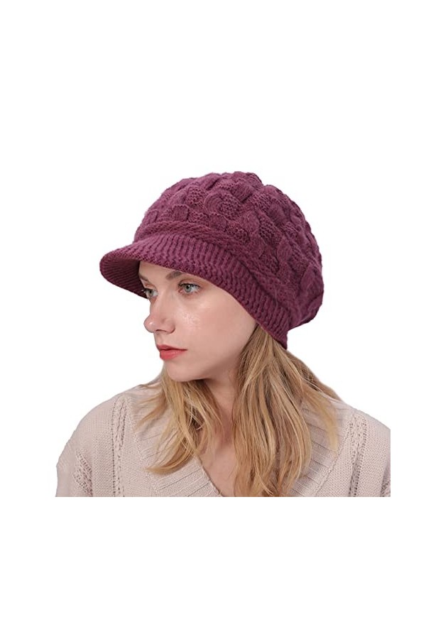 Joligiao BéRet Chaud dhiver Femme Bonnet Tricoté en Laine Casquette BéRet Hiver à VisièRe Chapeau Coton Doublure Newsboy Cha