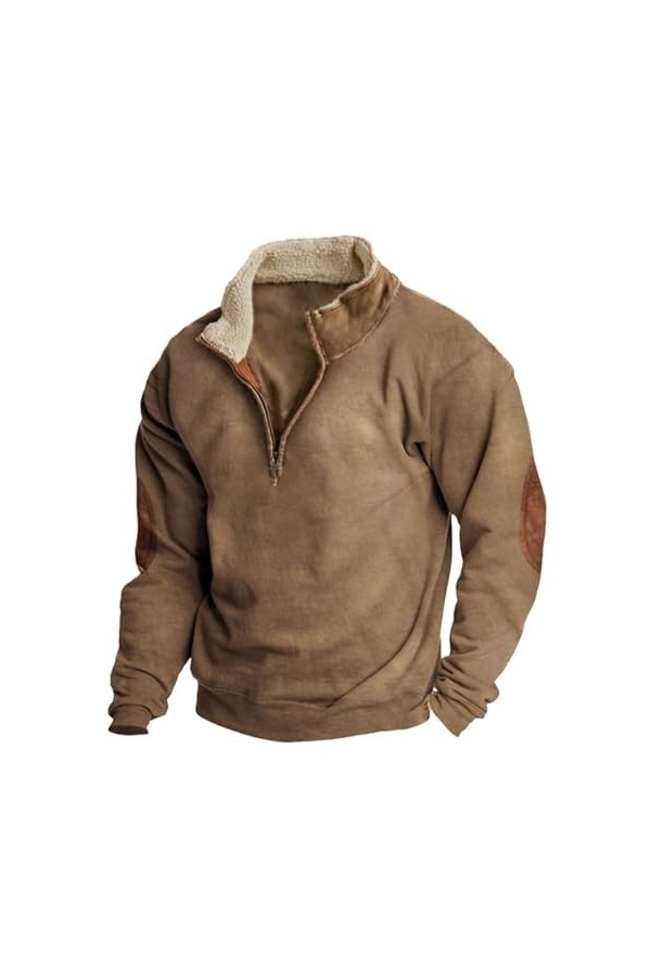 Briskorry Sweat-shirt pour homme couleur unie col montant bouton patchwork vintage pull homme sweat-shirt à manches longues h