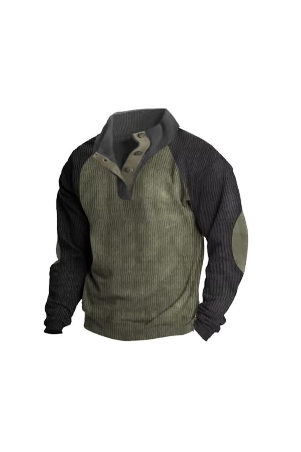 Briskorry Sweat-shirt pour homme couleur unie col montant bouton patchwork vintage pull homme sweat-shirt à manches longues h