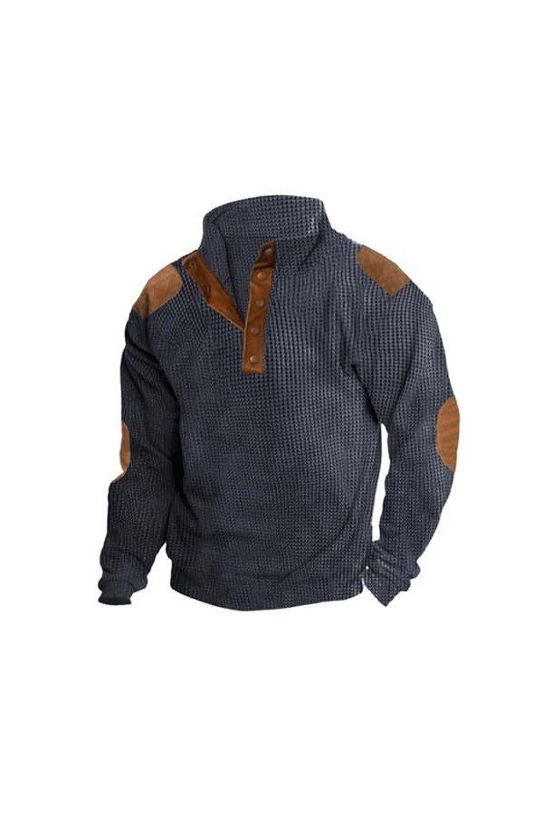 Briskorry Sweat-shirt pour homme couleur unie col montant bouton patchwork vintage pull homme sweat-shirt à manches longues h