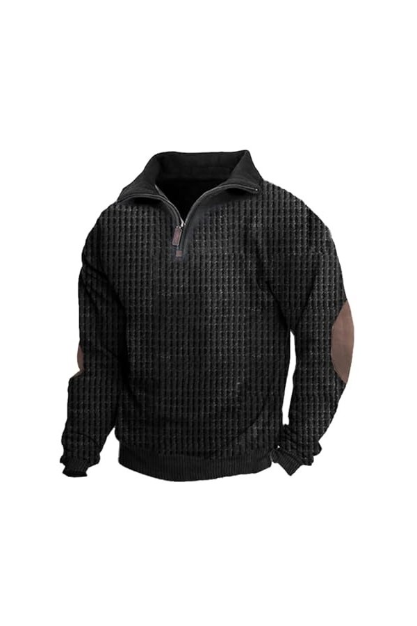 Briskorry Sweat-shirt pour homme couleur unie col montant bouton patchwork vintage pull homme sweat-shirt à manches longues h