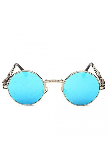 Raxinbang Lunettes de Soleil Personnalité Vintage Steampunk UV400 Lunettes De Soleil Cadre Rond Tendance Argent Cadre Bleu Le