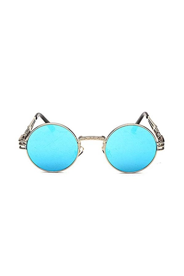 Raxinbang Lunettes de Soleil Personnalité Vintage Steampunk UV400 Lunettes De Soleil Cadre Rond Tendance Argent Cadre Bleu Le