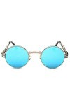 Raxinbang Lunettes de Soleil Personnalité Vintage Steampunk UV400 Lunettes De Soleil Cadre Rond Tendance Argent Cadre Bleu Le