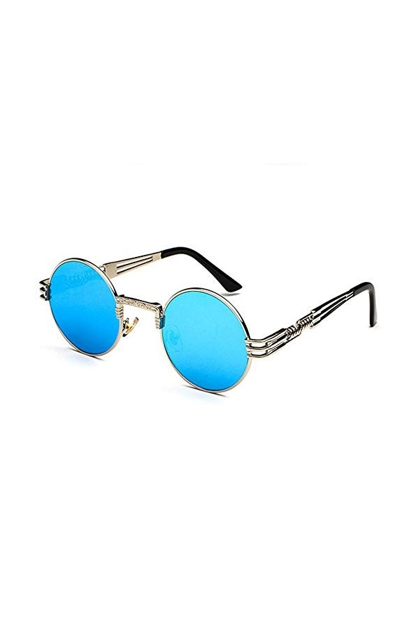 Raxinbang Lunettes de Soleil Personnalité Vintage Steampunk UV400 Lunettes De Soleil Cadre Rond Tendance Argent Cadre Bleu Le