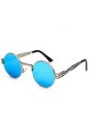 Raxinbang Lunettes de Soleil Personnalité Vintage Steampunk UV400 Lunettes De Soleil Cadre Rond Tendance Argent Cadre Bleu Le