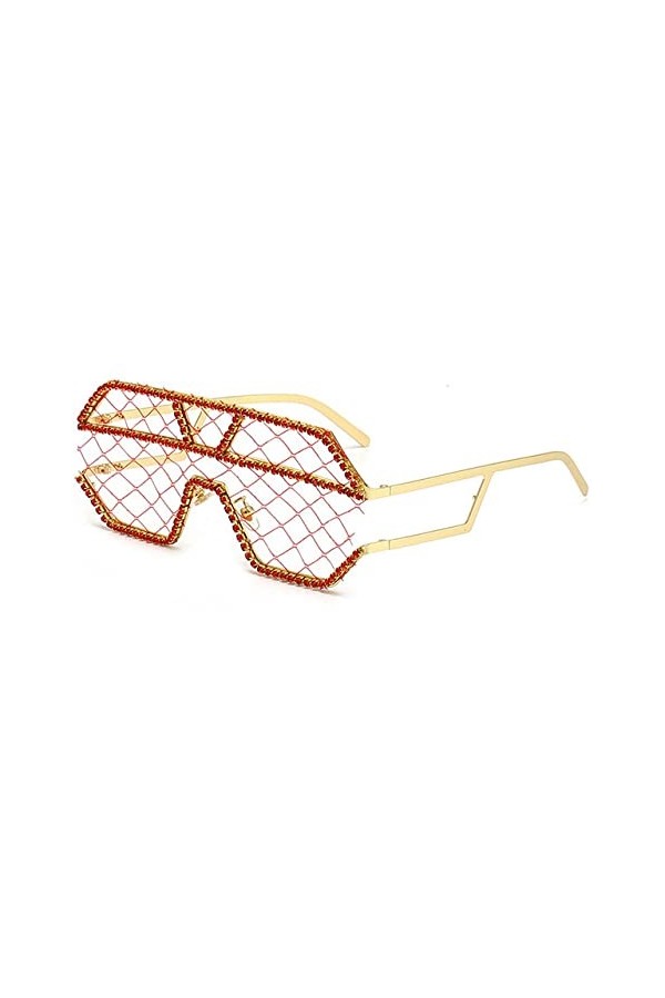HPIRME Dentelle Punk Lunettes Femmes Lunettes de Soleil Femme Surdimensionné Une Pièce Strass Lunettes, C6Gold, Rouge, taille