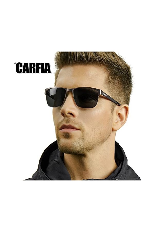 Carfia Square Lunettes de Soleil Polarisées Hommes Protection UV avec Charnière à Ressort Réglable en Métal pour Pêcher Condu