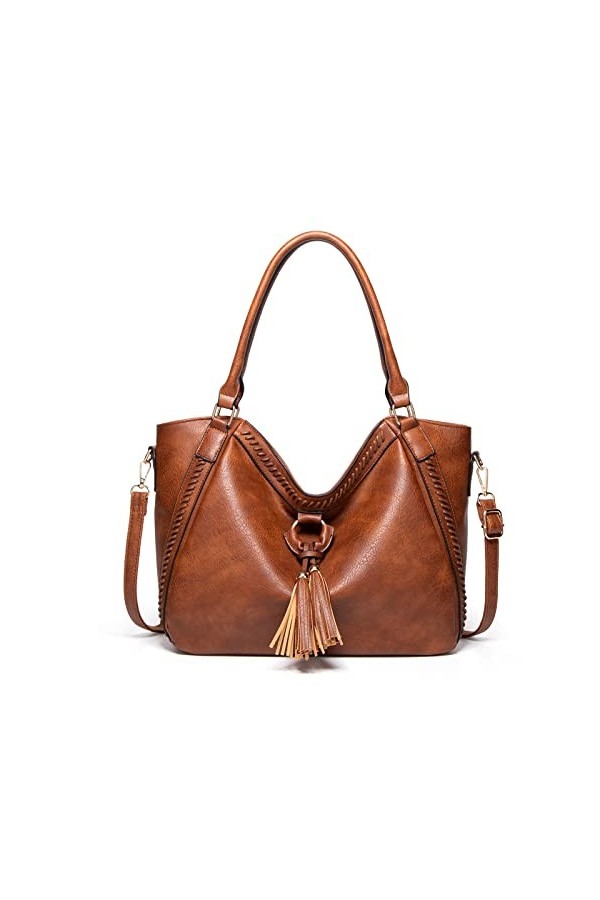 FANDARE Mode Sac à Bandoulière Tressé pour Femme Sac à Main Étanche Sacs Portés Épaule PU Cuir Sac Messager avec Pompon pour 