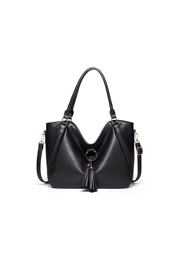 FANDARE Mode Sac à Bandoulière Tressé pour Femme Sac à Main Étanche Sacs Portés Épaule PU Cuir Sac Messager avec Pompon pour 