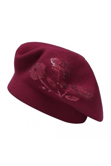 ZLYC Béret dhiver pour femme - Béret français - Double couche - Chaud, Fleurs à paillettes rouges, taille unique
