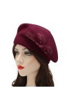 ZLYC Béret dhiver pour femme - Béret français - Double couche - Chaud, Fleurs à paillettes rouges, taille unique