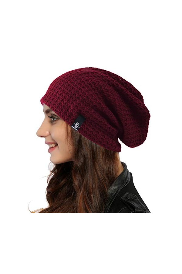 Bonnet Femmes Long Slouchy Oversized Béret Bonnet Tricot Hiver Chapeau B08w Solid-Burgundy
