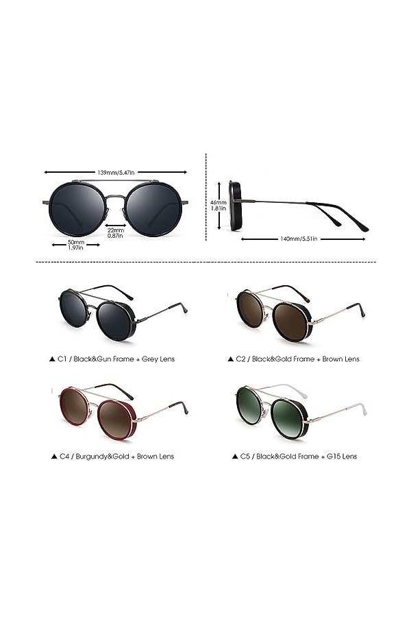 HCHES Lunettes de soleil rondes Steampunk pour hommes et femmes Lunettes de soleil à monture en métal vintage, marron bordeau