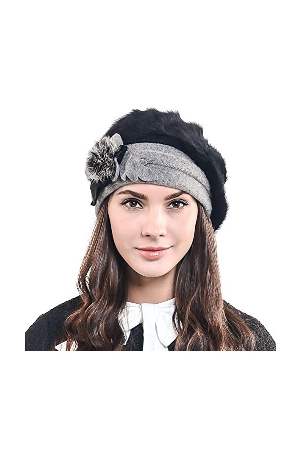 HISSHE Femmes Français Béret Chic Bonnet Hiver Chapeaux, Noir et gris, M