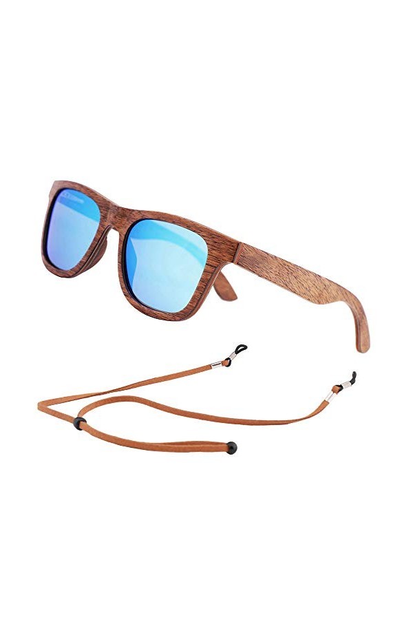 An Swallow Lunettes de Soleil Bois Homme Femme Polarisées, Lunette Soleil en Bois Bambou Cadre Polarise UV400 Bleu 
