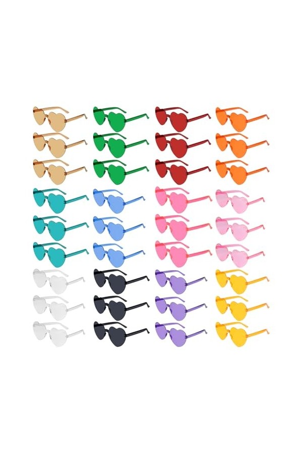 NACHLYNN Lot de 36 paires de lunettes de soleil en forme de cœur pour femme - 12 couleurs - Lunettes de soleil transparentes 