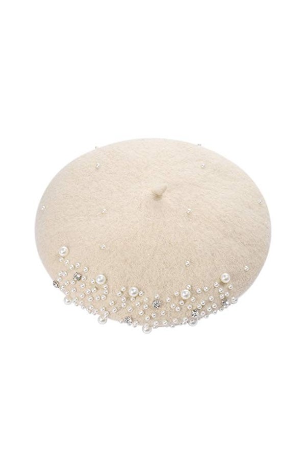 Boderier - Béret - Bonnet dhiver avec perles et strass - Pour femme - Avec pince à cheveux à lintérieur - Beige - Taille un