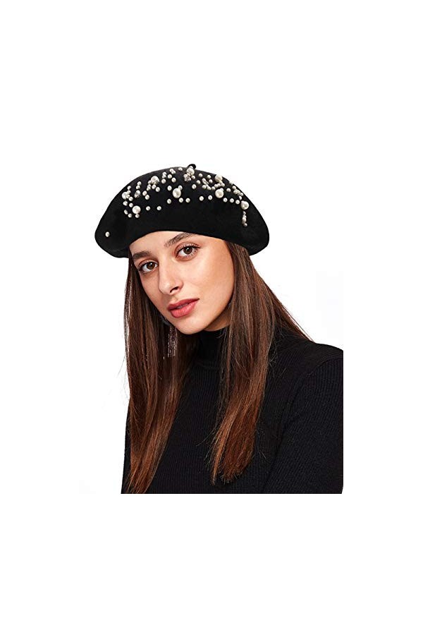 Boderier - Béret - Bonnet dhiver avec perles et strass - Pour femme - Avec pince à cheveux à lintérieur - Beige - Taille un