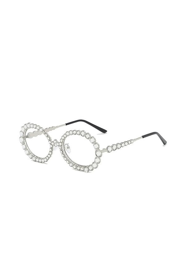 HPIRME Lunettes de soleil rondes femmes strass lunettes métal cadre brillant lunettes de soleil pour hommes lunettes, argent 