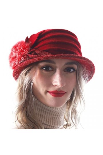HISSHE Femmes 100% Laine Floral Seau Cloche Chapeau Melon Feutre Robe Chapeau Rouge,M 