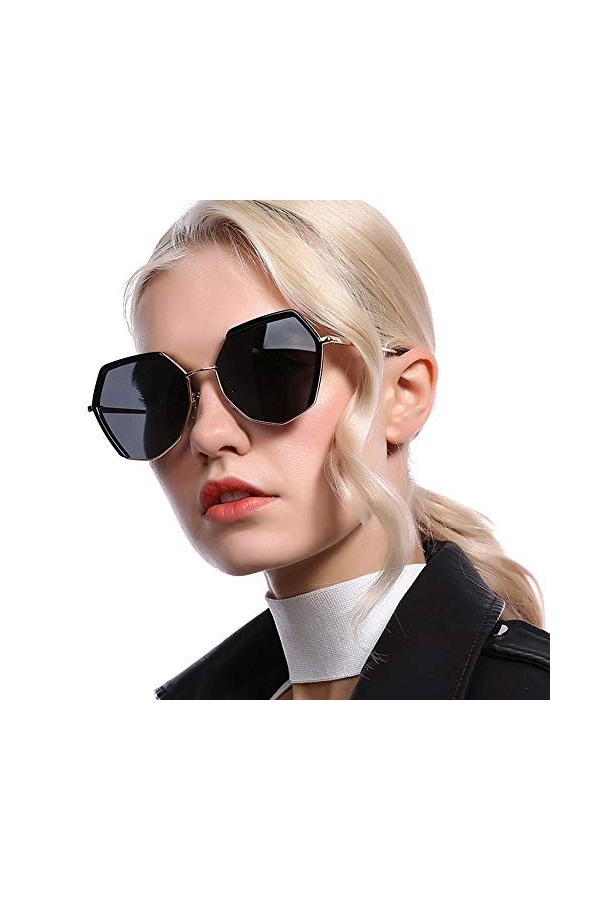 Raxinbang Lunettes de Soleil Nouvelles Dames Lunettes De Soleil Polarisées Mode Polygone Cadre Lunettes en Métal Voyage en Pl