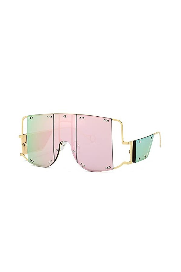 Métal Rivet Lunettes Surdimensionné Miroir Carré Lunettes De Soleil Hommes Femmes Nuances Lunettes Femme UV400, C5 or éblouis