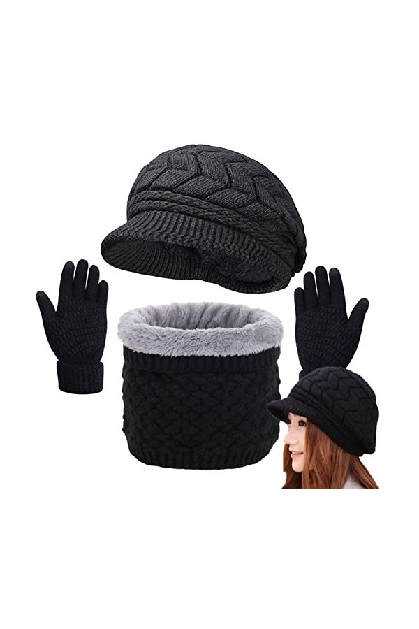 Joligiao Hiver Béret Ensemble Tricot Femme Cache-Cou et Gants décran Tactile Doux Tricot Écharpe Girls Chaud Béret Chapeau G