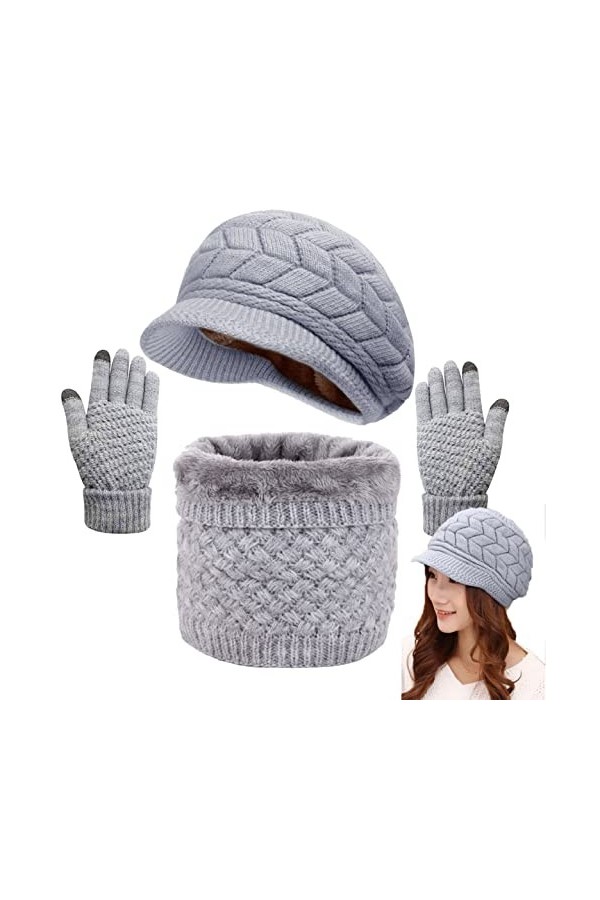 Joligiao Hiver Béret Ensemble Tricot Femme Cache-Cou et Gants décran Tactile Doux Tricot Écharpe Girls Chaud Béret Chapeau G