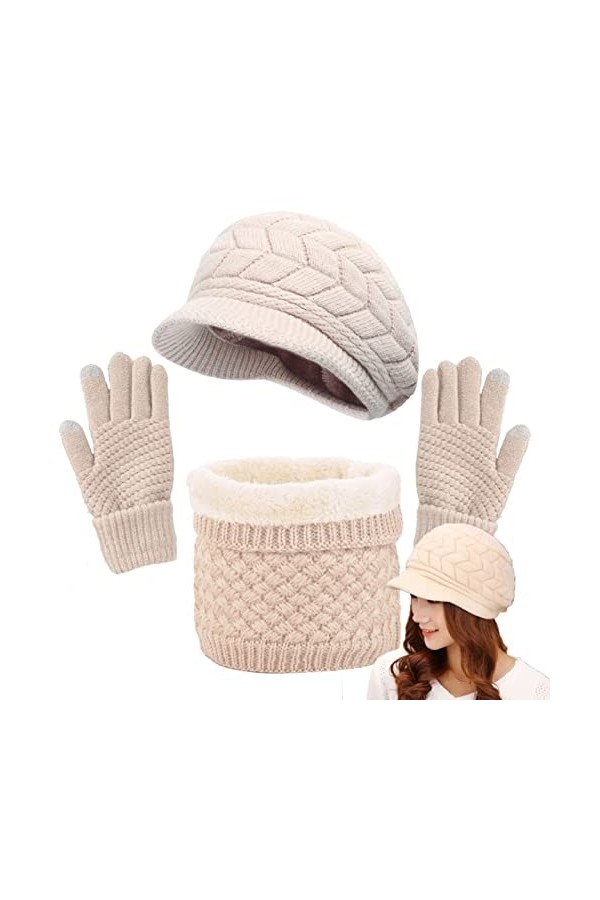 Joligiao Hiver Béret Ensemble Tricot Femme Cache-Cou et Gants décran Tactile Doux Tricot Écharpe Girls Chaud Béret Chapeau G