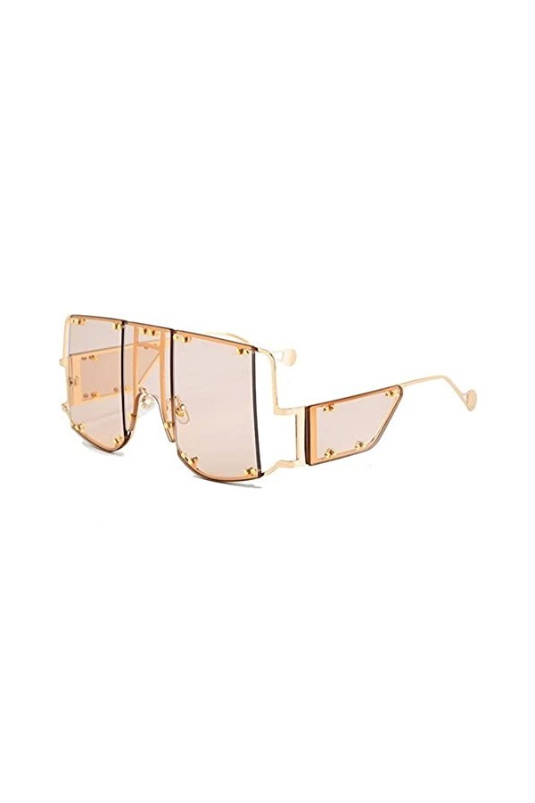Métal Rivet Lunettes Surdimensionné Miroir Carré Lunettes De Soleil Hommes Femmes Nuances Lunettes Femme UV400, C2 or thé, ta