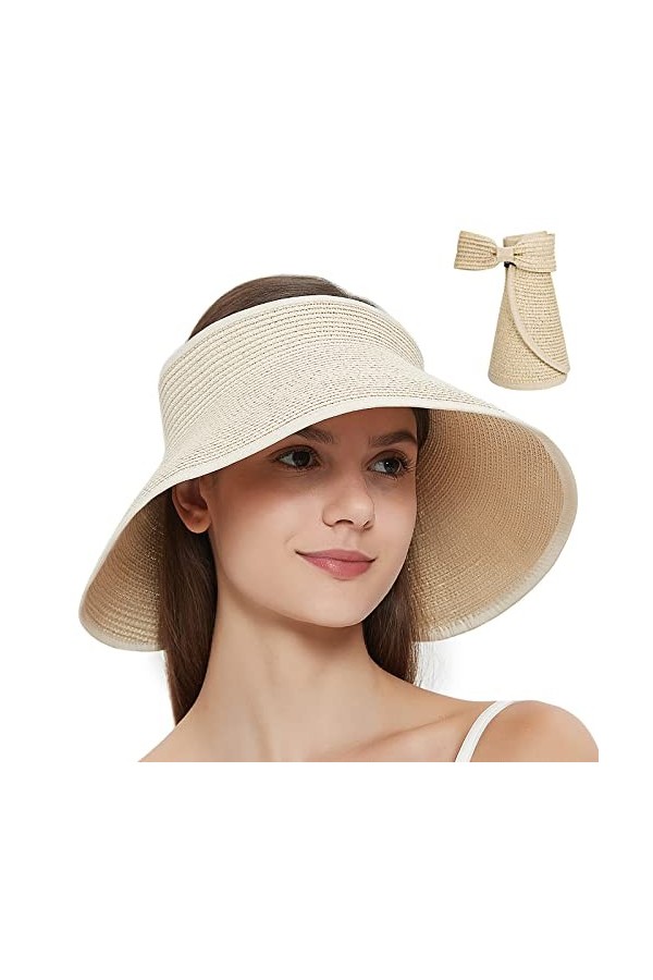 Maylisacc Large Brim Chapeau en Paille Foldable Casquette Visière UPF 50+ Protection pour Plage Beige