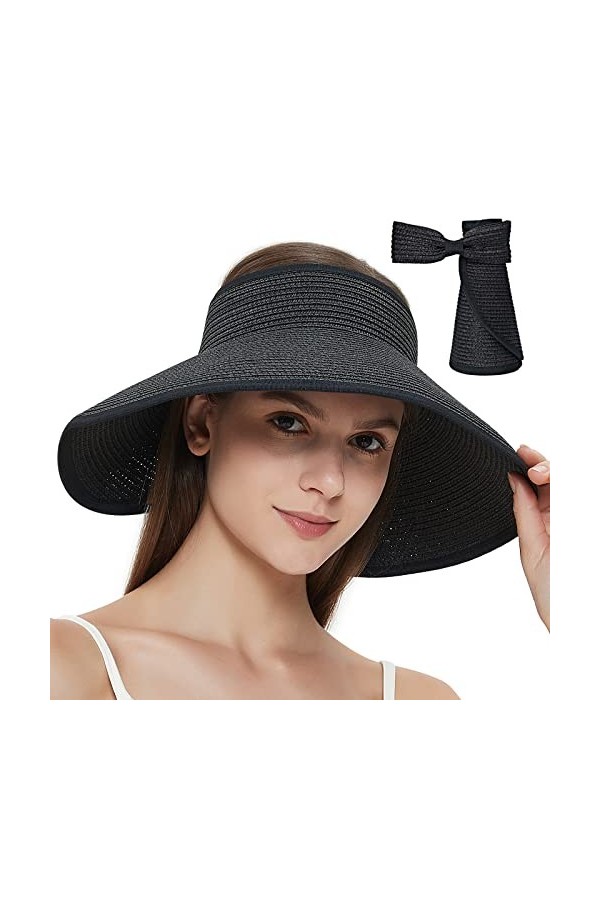 Maylisacc Large Brim Chapeau en Paille Foldable Casquette Visière UPF 50+ Protection pour Plage Beige