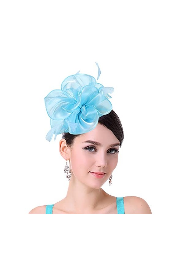 Brawlady Chapeau bibi en organza, fleur avec clips, Kentucky Derby, cocktail, thé pour femmes et filles, 5349 Bleu lac