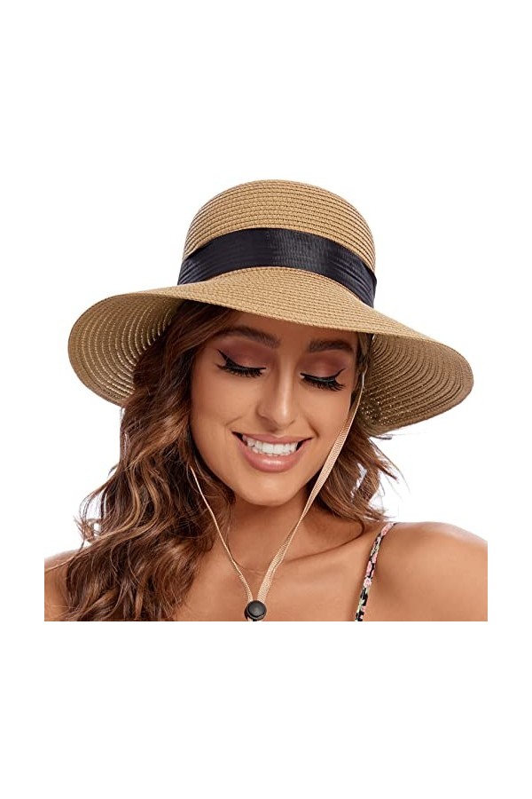 PINKGIRL Chapeau de Soleil en Paille pour Femme Été Bowknot Beach Chapeaux Pliables Protection UV UPF50+ Kaki 