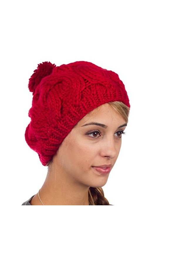Sakkas Bonnet Mou Mode Épais Maille Torsadée avec Pompons-Rouge/One Size
