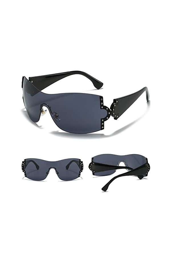 HCHES One Piece Strass Lunettes de soleil sans monture Designer Lunettes de soleil Wrap Around Lunettes de soleil surdimensio