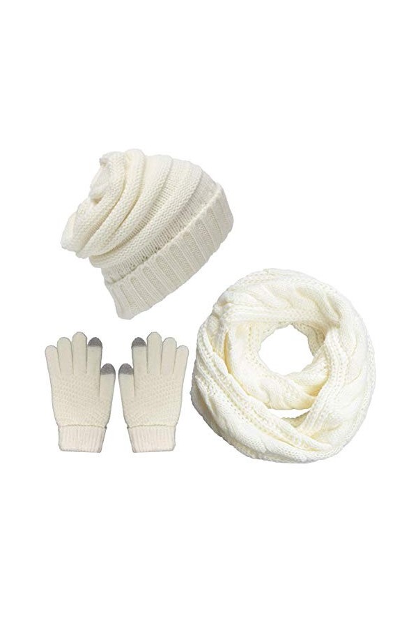 CheChury Femme Hiver Tricotés Bonnet Écharpe et Gants Ensemble Chauffant Bonnet Echarpe Tube Écharpe avec Gants décran Tacti