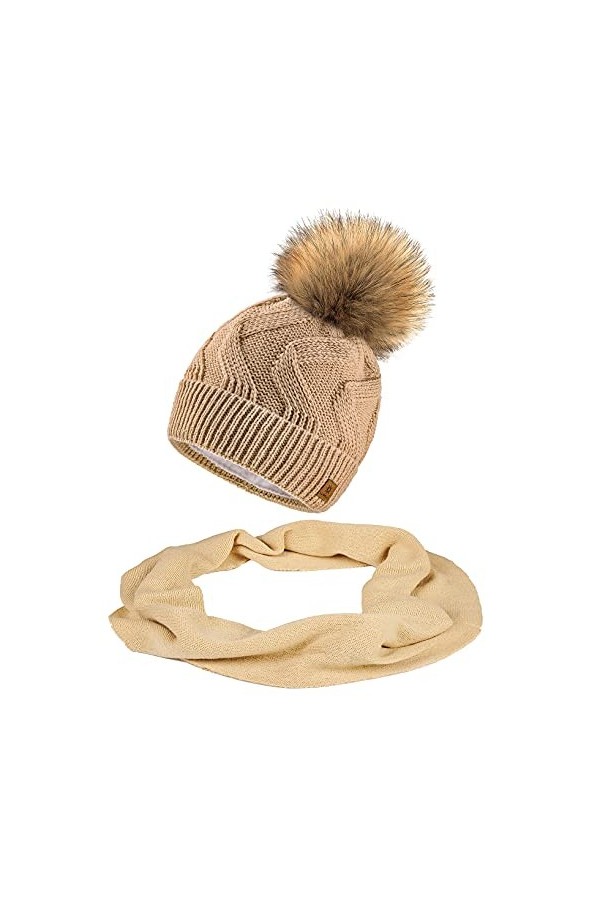 MFAZ Morefaz Ltd Set Ensemble Bonnet et écharpe Femme Tricotée Bonnet dhiver Ver Polaire Mustard Set Bonnet & Echarpe 