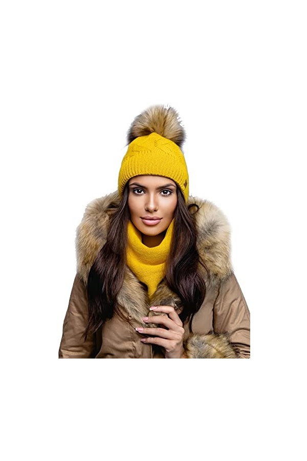 MFAZ Morefaz Ltd Set Ensemble Bonnet et écharpe Femme Tricotée Bonnet dhiver Ver Polaire Mustard Set Bonnet & Echarpe 