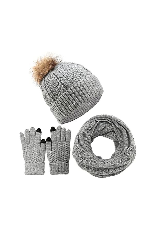CheChury Ensemble dhiver femme 3 pièces Echarpe tube, bonnet tricoté, Gants Écran Tactile Ensemble Bonnet Écharpe Et Gants E