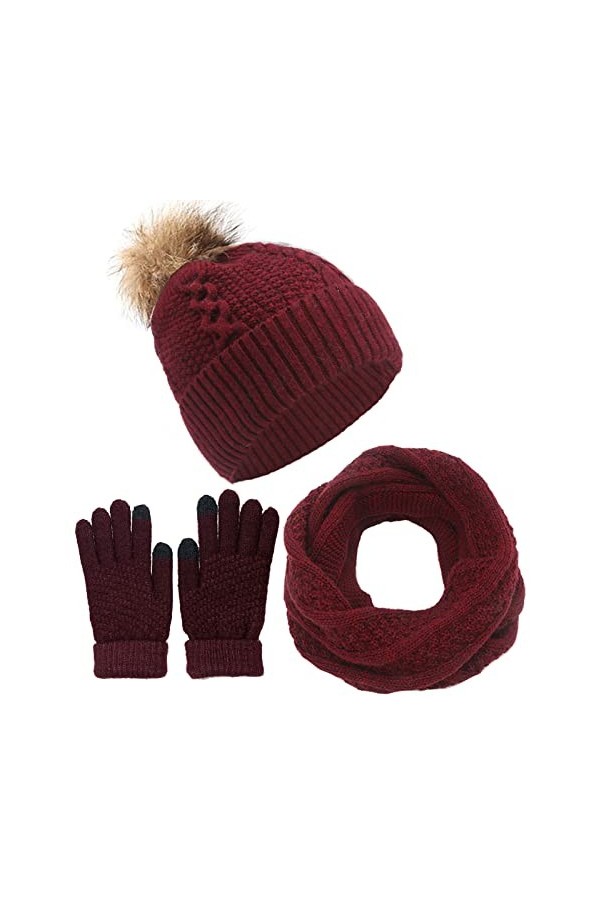 CheChury Ensemble dhiver femme 3 pièces Echarpe tube, bonnet tricoté, Gants Écran Tactile Ensemble Bonnet Écharpe Et Gants E