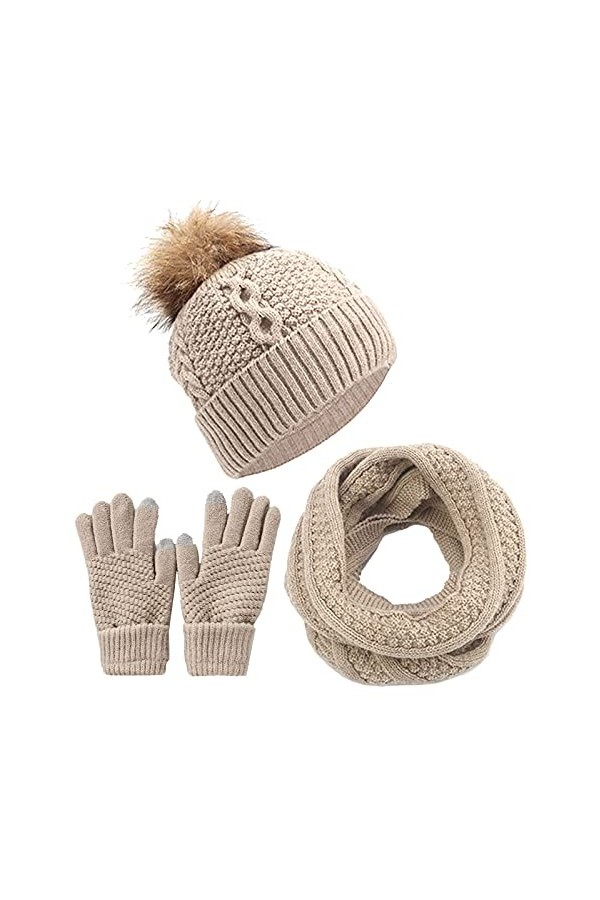 CheChury Ensemble dhiver femme 3 pièces Echarpe tube, bonnet tricoté, Gants Écran Tactile Ensemble Bonnet Écharpe Et Gants E